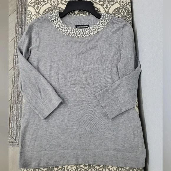 Karl Lagerfeld Pearl Embellished Neckline Quarter Sleeve - Picture 4 of 11